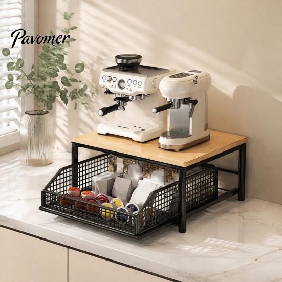 Durable Coffee Maker Holder Storage Rack with Drawer, Two Tier Countertop Organizer, Wood Snack Organizer for Closet Top And Metal Basket Kitchen