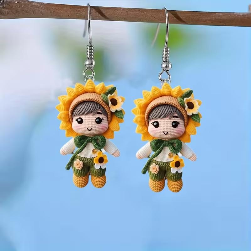 Cross-border new exquisite sunflower bow earrings 2D acrylic creative cute college girl doll earrings