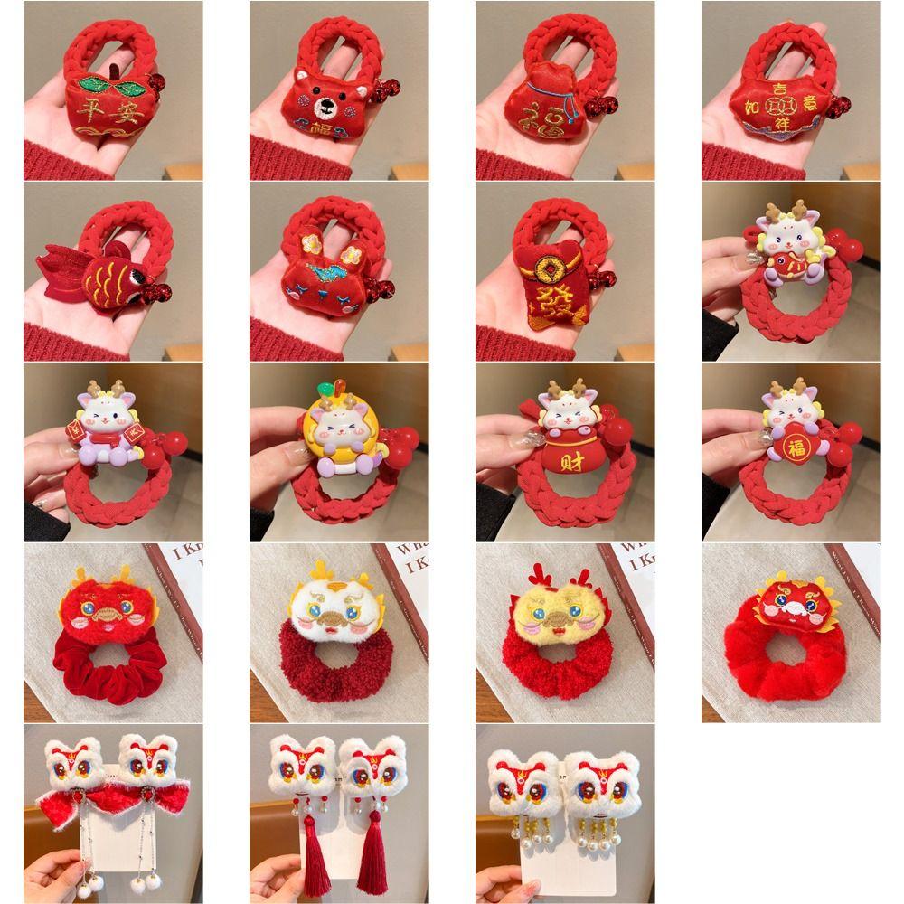 Red Envelope New Year Bell Hair Rope Pearl Children Dragon Rubber Band  New Year