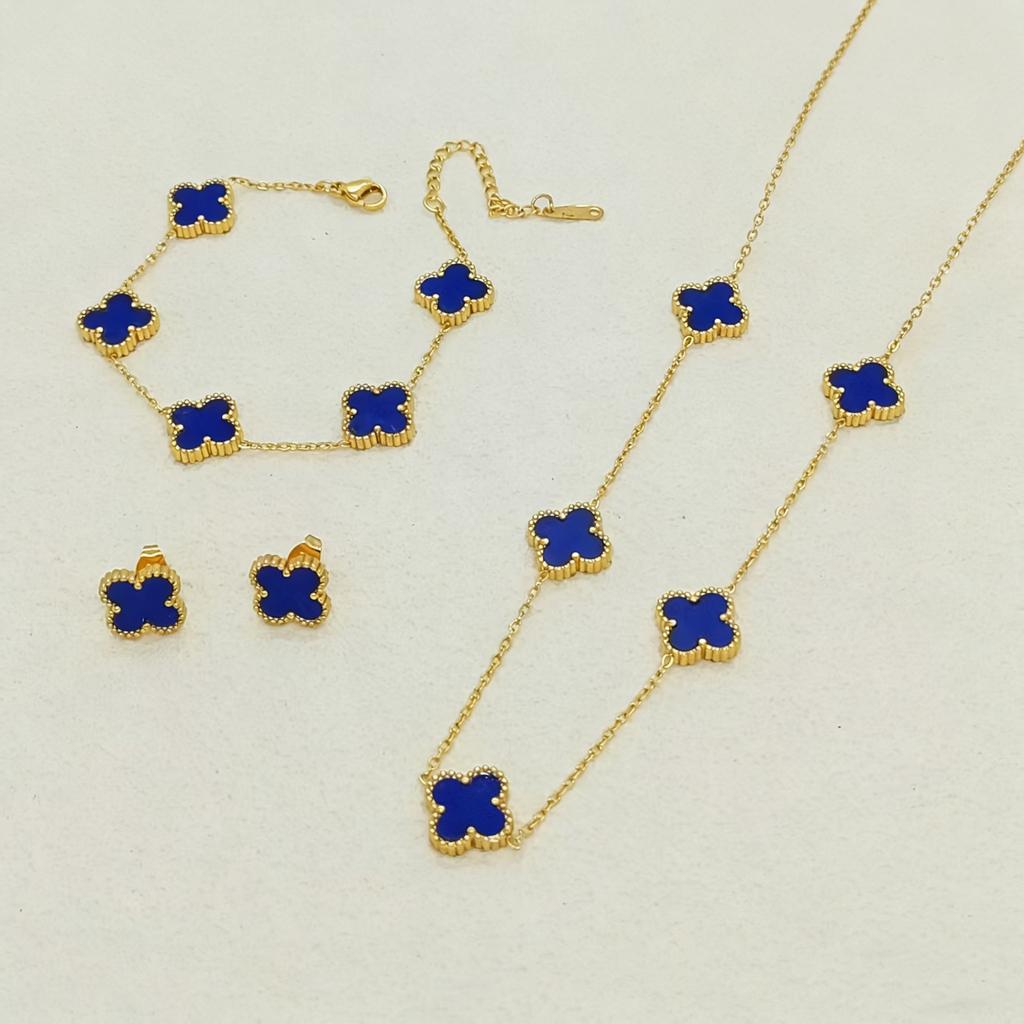 3PCS Double-sided Fritillary Titanium Steel Four-leaf Clover Five-flower Bracelet, Five-flower Necklace & Earring Set Gift