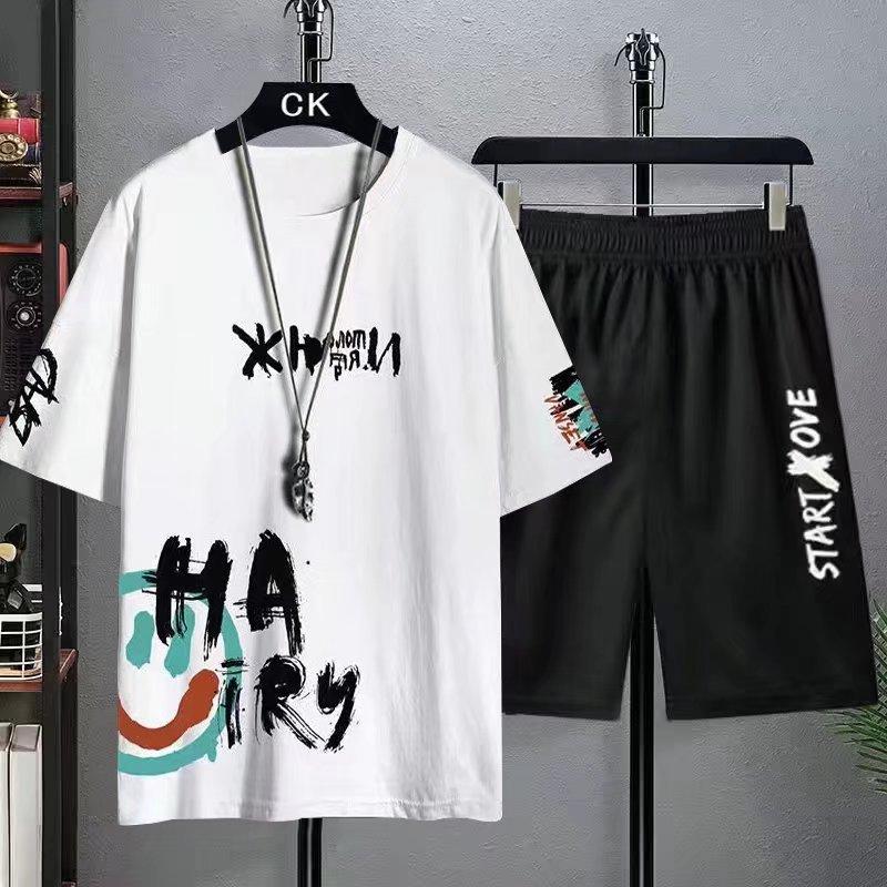 Men's Sets Waffle Summer Casual T Shirt + Shorts Suit Basketball Tracksuit Letter Print Solid Color Tracksuit Loose Suit