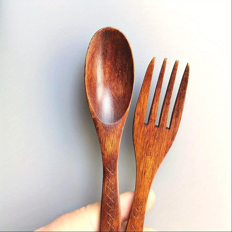 2PCS Marine Style Nanwood Fishtail Handle Wooden Spoon Fork Set Solid Wood Handmade Pattern Dessert Fruit Salad Fork Family Hotel Banquet Tableware
