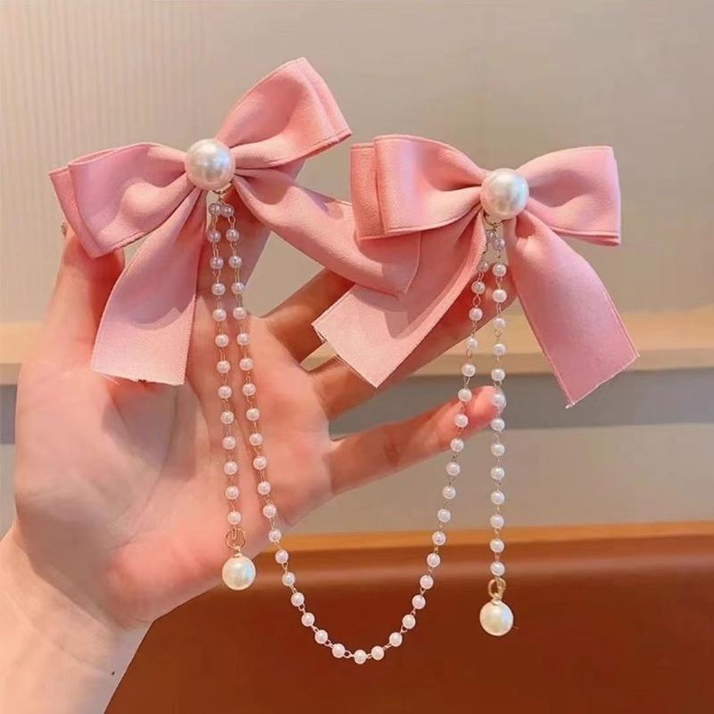 Bows Duckbill Clip Bobby Pins Princess Head Fringe Pearl BB Clip Hair Accessories Pearl Chain Double Edged Clip Bow HairClip
