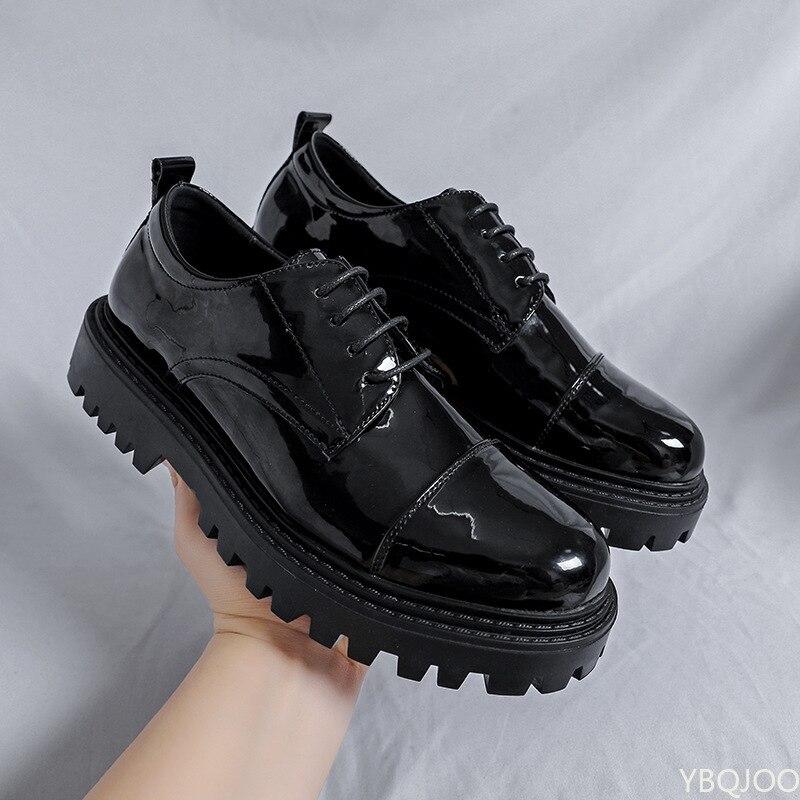 Leather Shoes Men Office Casual High Platform Patent Leather Shoes Male Streetwear Vintage Wedding Shoe