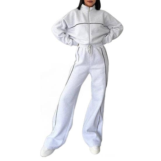 Women Winter 2 Piece Suit Half High Collar Zip Up Long Sleeve Top Elastic Waist Wide Leg Pocket Trousers