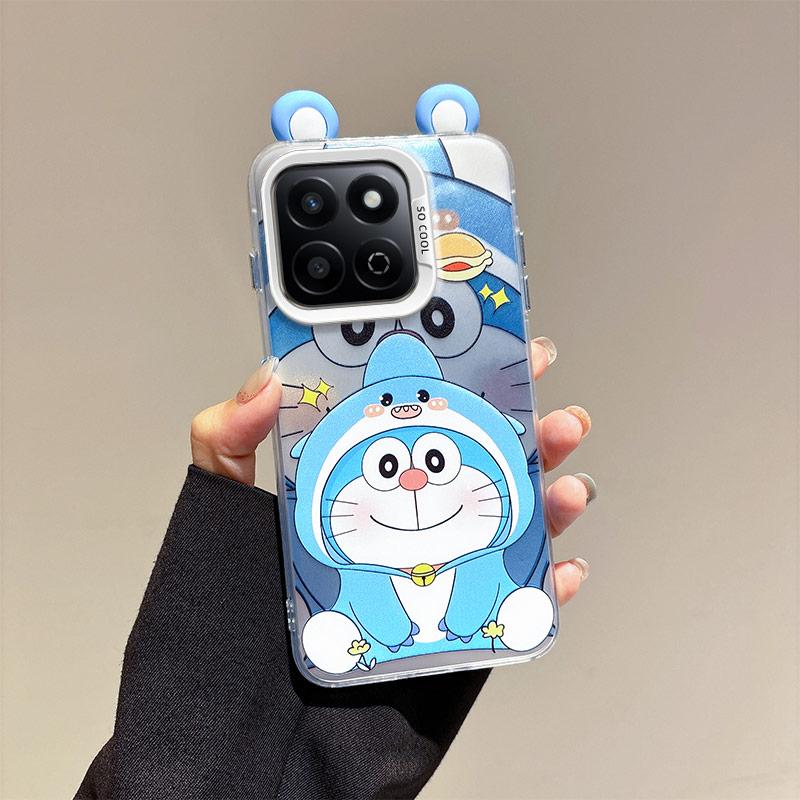 KEYSION Cute Ear Cartoon Case for HONOR X7c with Lanyard Soft Silicone+PC Shockproof Phone Cover for Huawei Honor 200 Smart 5G