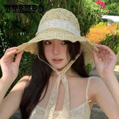 Women's Wide Brim Straw Hat - Lightweight, Foldable Beach Cap with Lace Detail for Summer Vacation