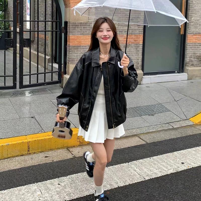 Damen Kleine Braune Lederjacke - 2025 Amerikanischer Retro-Stil mit Gewischtem Farbdesign, Baumwollgefüttert.