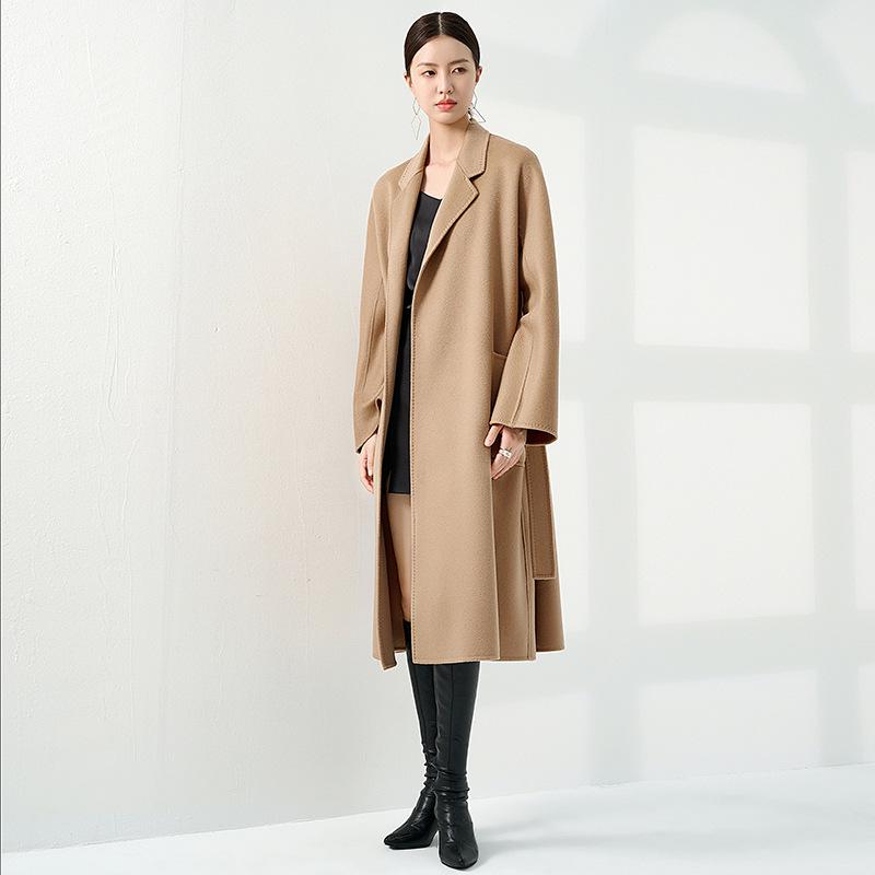 100% Pure Cashmere Water Ripple Double-Faced Wool Coat with Belt - Women's Outerwear