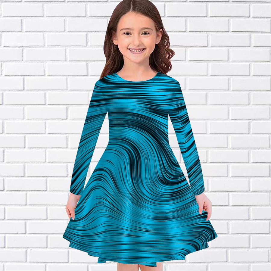 

Girl Casual Gradient Ripple Print Round Neck Long Sleeve Dress Kid Princess Dress
