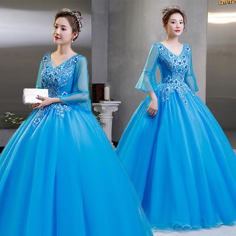 Color Yarn 1011 New Host Long Evening Dress Female Performance Student Vocal Solo Art Test Costume Fluffy Skirt
