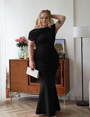 European & American Style Women's Plus Size Off-Shoulder Long Dress - Solid Color Hip-Wrapping Design