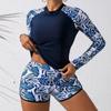 European and American New Boxers Spliced Split Swimsuit Women's Sports Long-sleeved Printed Sexy Surf Swimsuit