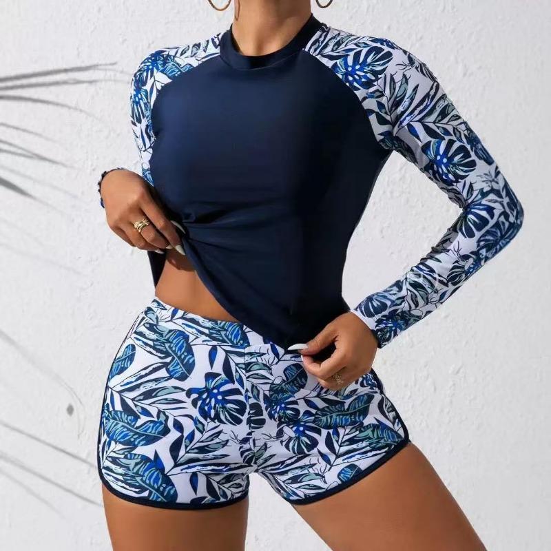 European and American New Boxers Spliced Split Swimsuit Women's Sports Long-sleeved Printed Sexy Surf Swimsuit