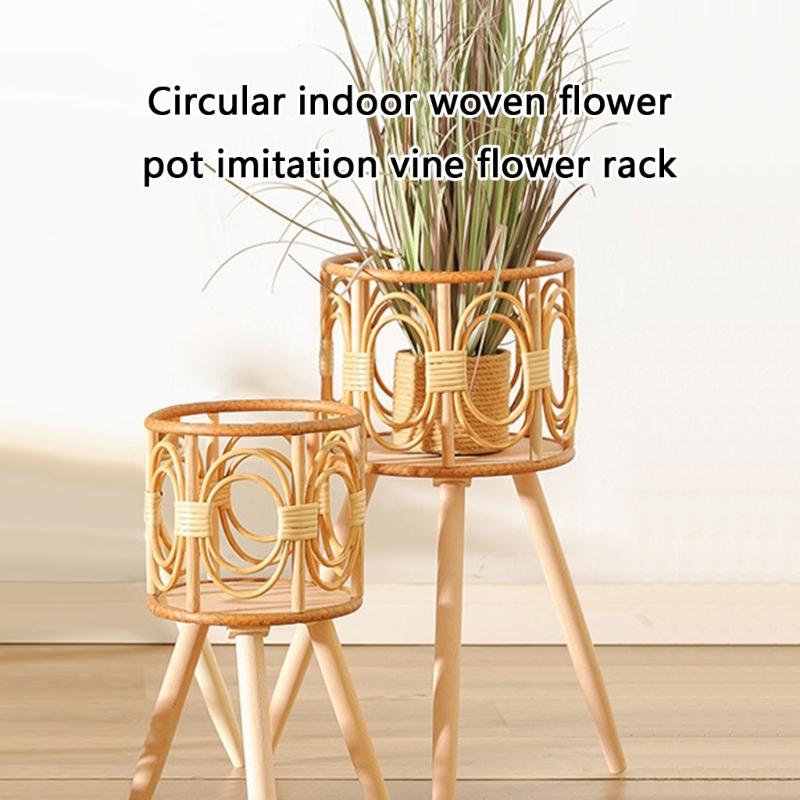 Rattan Woven Flower Pots Plant Basket Grass Planter with Wood Stand Indoor Outdoor Garden Storage Container Home Decors