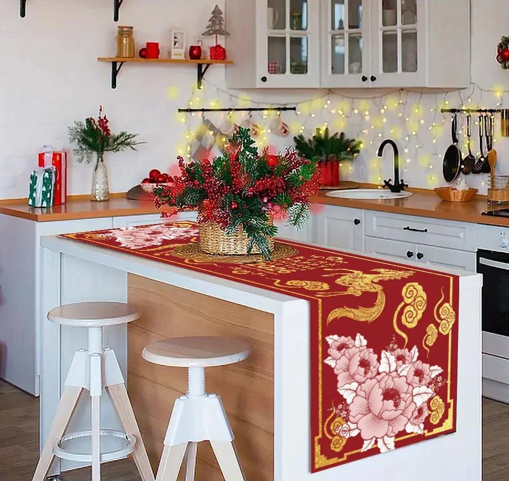 Chinese New Year Linen Table Runner Party Decor Chinese 2026 Spring Festival Lunar Horse Floral Table Runner New Year Decoration