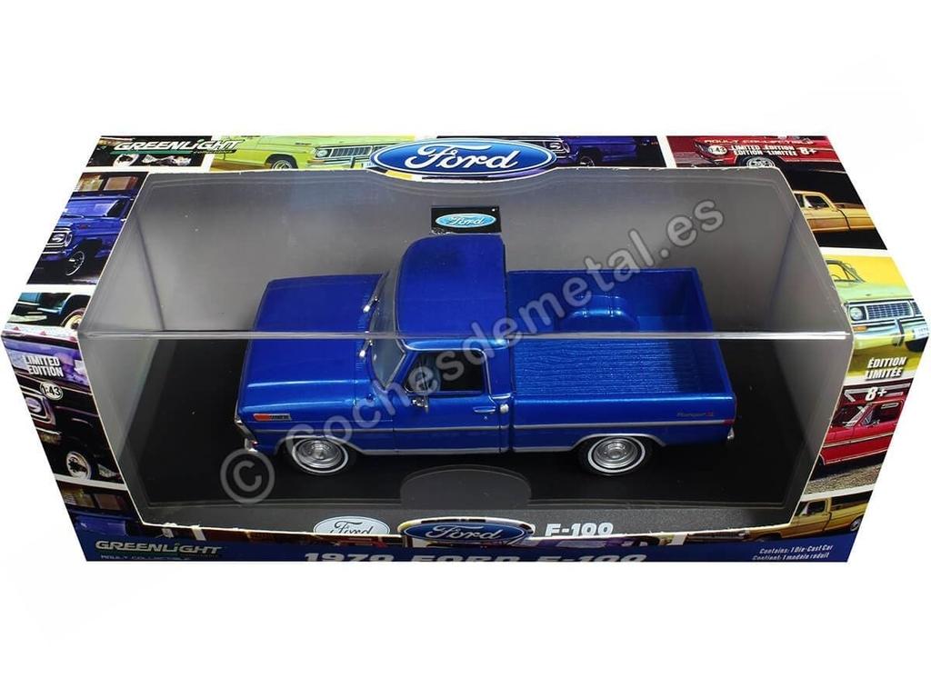 Ford F Series Truck, rok výroby 1979, tmavě modrý polyesterový autentický dekor, autentické gumové pneumatiky, přesné detaily, ochranné akrylové pouzdro, limitovaná edice