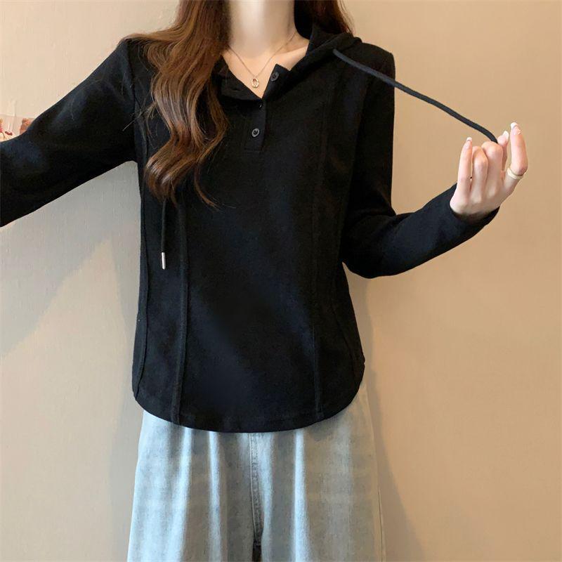Korean Style Plus Size Hooded Cotton Long-Sleeve T-Shirt for Autumn/Winter - Fashionable Loose Fit Base Layer for Chubby Women