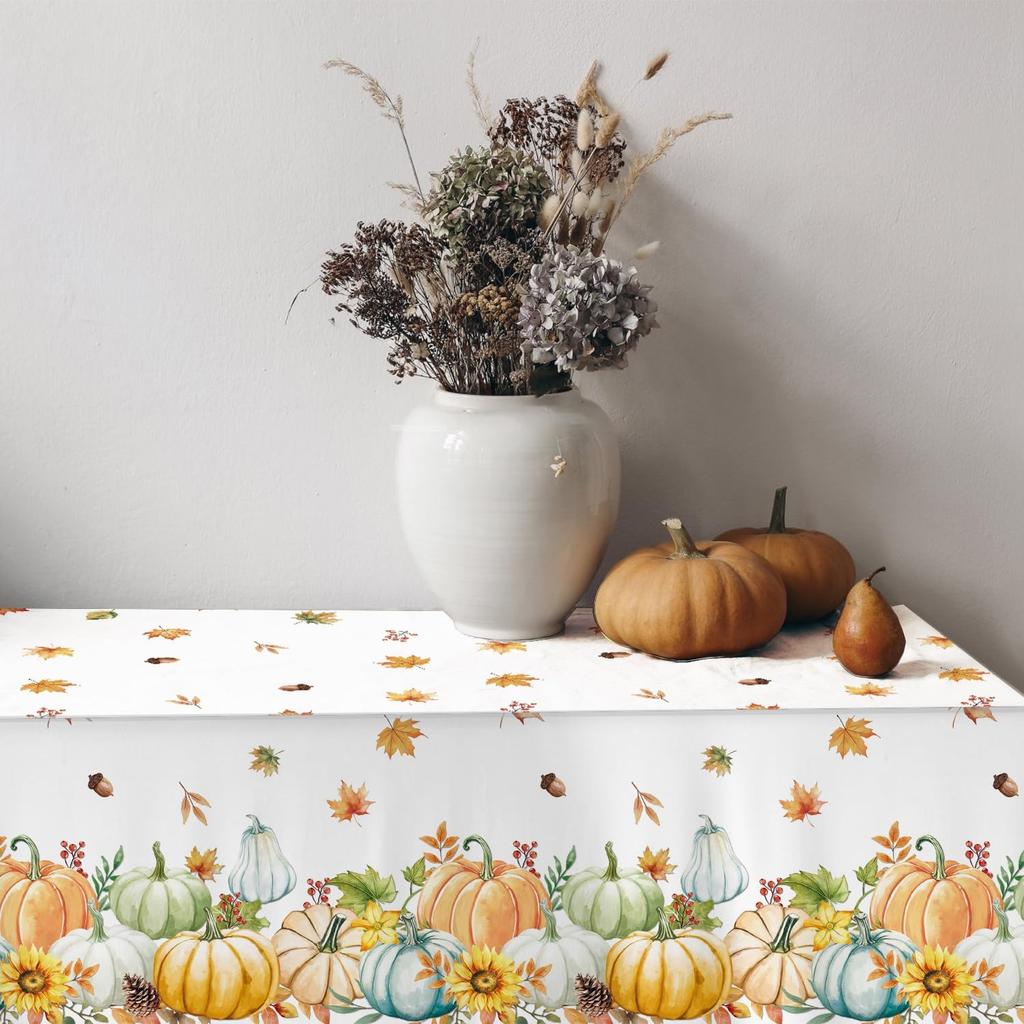 3 Pieces Fall Pumpkin Tablecloth Thanksgiving Tablecloth Autumn Harvest Maple Leaf Table Cover for Fall Thanksgiving Party Supplies, 54 X 108 Inch