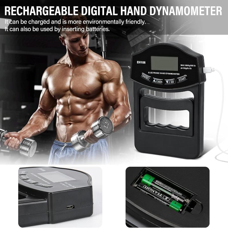 Grip Strength Tester, 396Lbs/180kg Digital Hand Dynamometer Grip Strength Meter USB Rechargeable Bright LCD Screen Hand Grip Dynamometer for Sport,