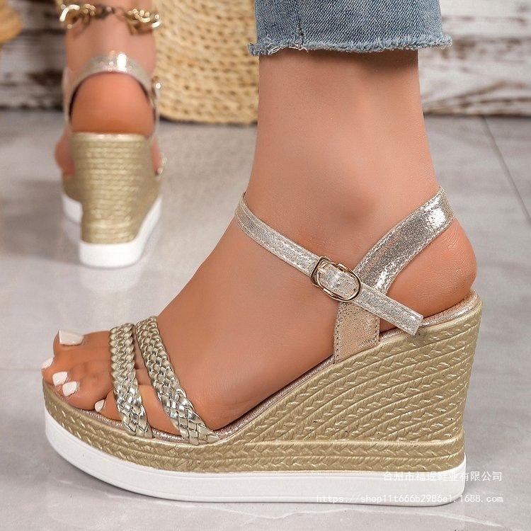 Roman Wedge Heel Polyurethane Sole Women's Shoes, New Fashion Trend In Spring 2025, Versatile Women's Shoes, Gold, Others