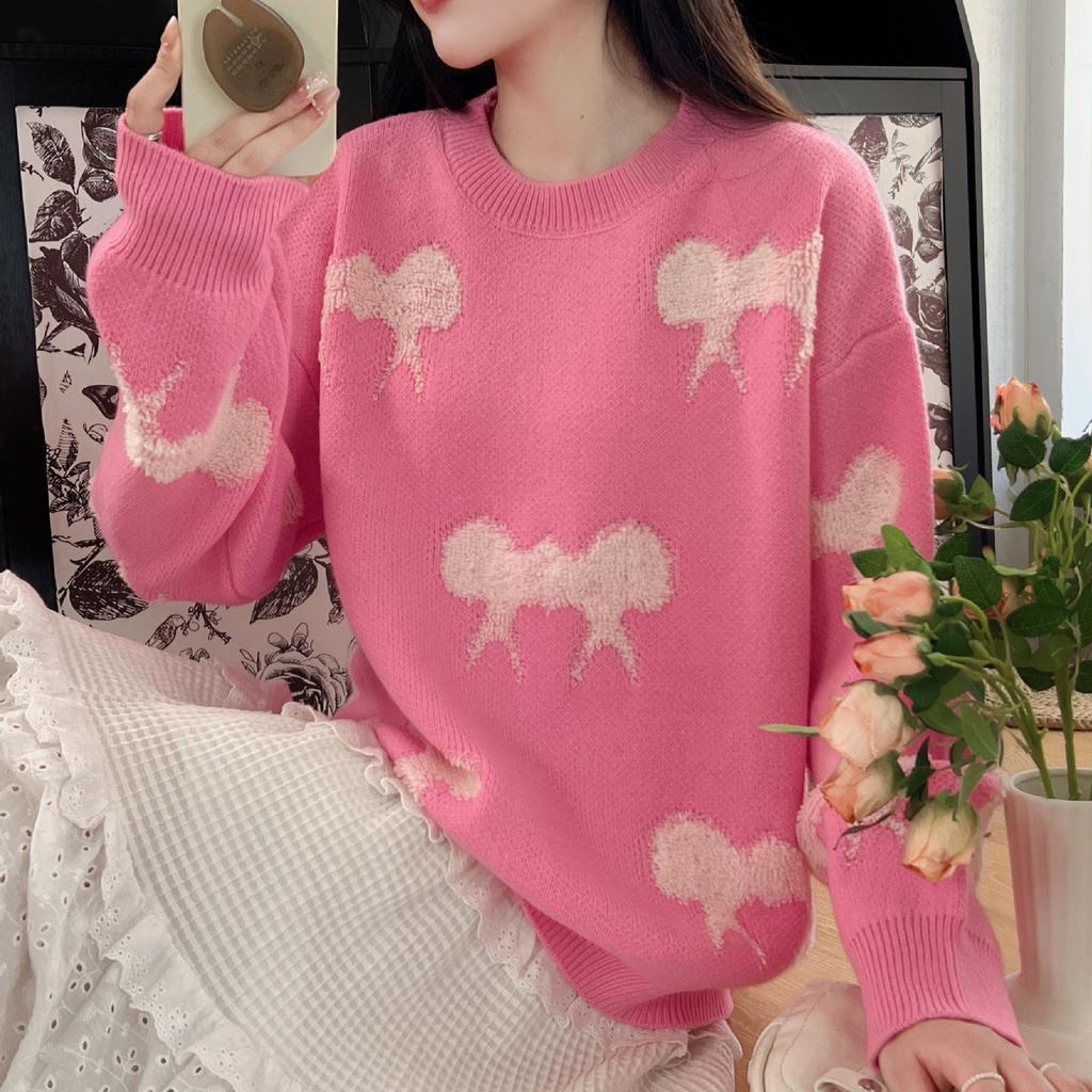 Japanese sweet towel embroidered jacquard sweater for women's autumn and winter new loose and gentle wind round neck knitted sweater for women