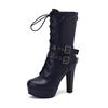 Women's Punk Style Lace-Up Mid-Calf Boot Belt Buckle Platform High Heel Short Boot Women White Round Toe 12cm Square Heel Shoes