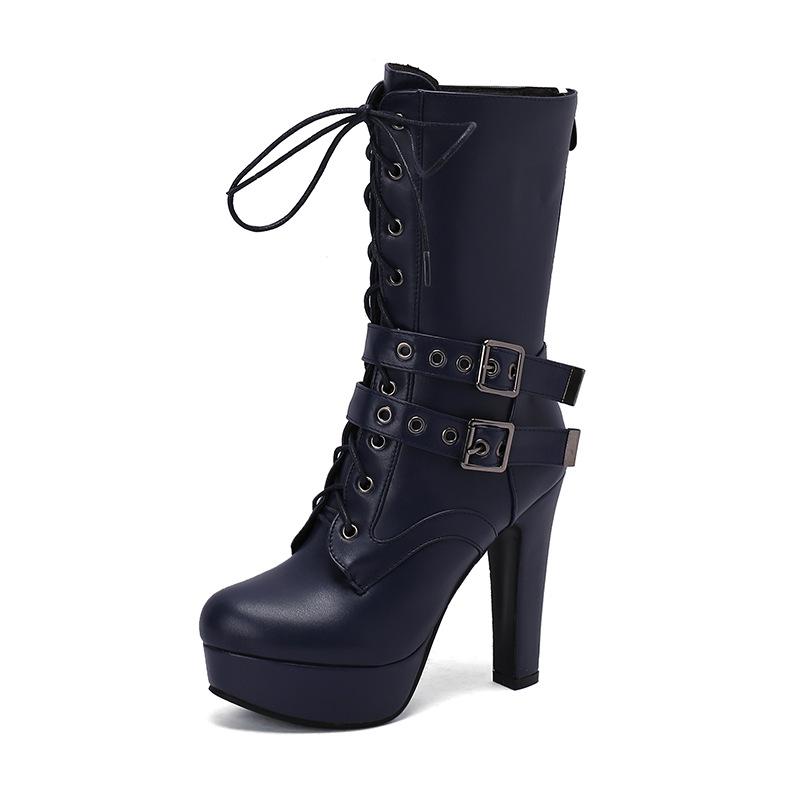 Women's Punk Style Lace-Up Mid-Calf Boot Belt Buckle Platform High Heel Short Boot Women White Round Toe 12cm Square Heel Shoes