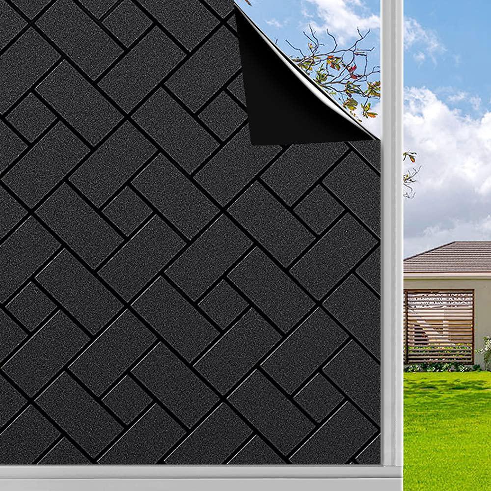Static Cling Total Blackout Privacy Window Film Cover 100% Light Blocking No Glue Black Window Tint for Home Room Darkening