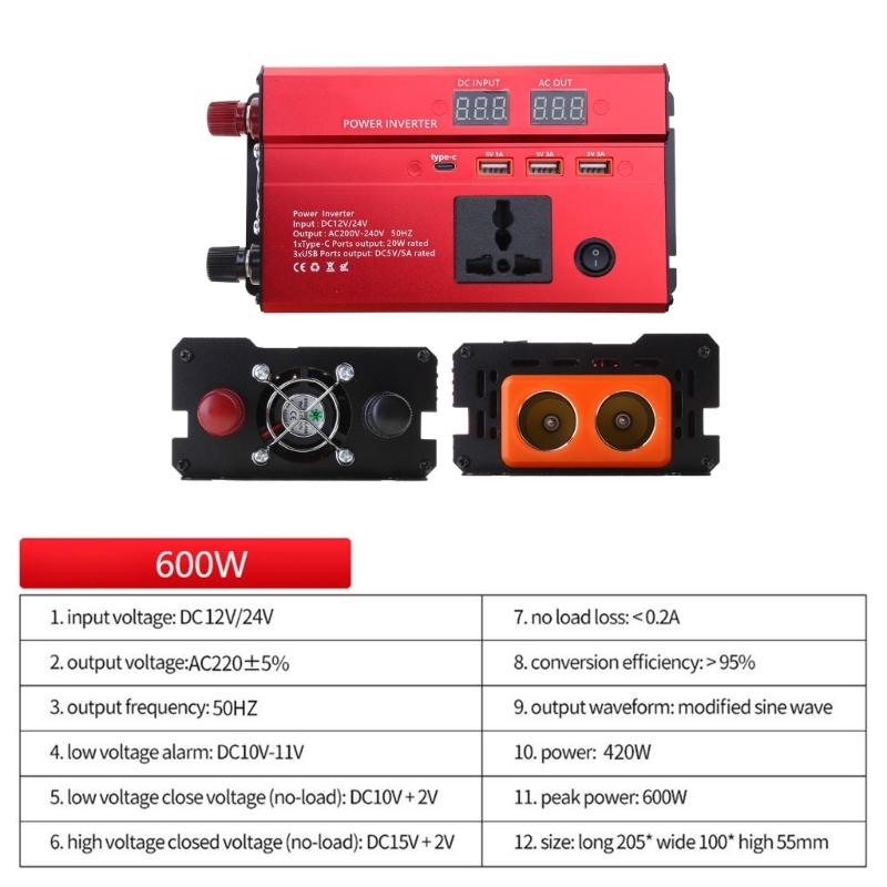 12V 24V To 220V Power Inverter 4 USB Car Voltage TransformerPower Inverter