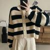 Korean Retro Minimalist Color Block Stripe Knit Cardigan - Women's Long Sleeve Round Neck Sweater for Autumn/Winter