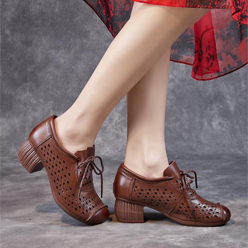 Johnature Retro Women's Shoes Genuine Leather Hollow-out Breathable Soft Sole Thick Heel Sandals