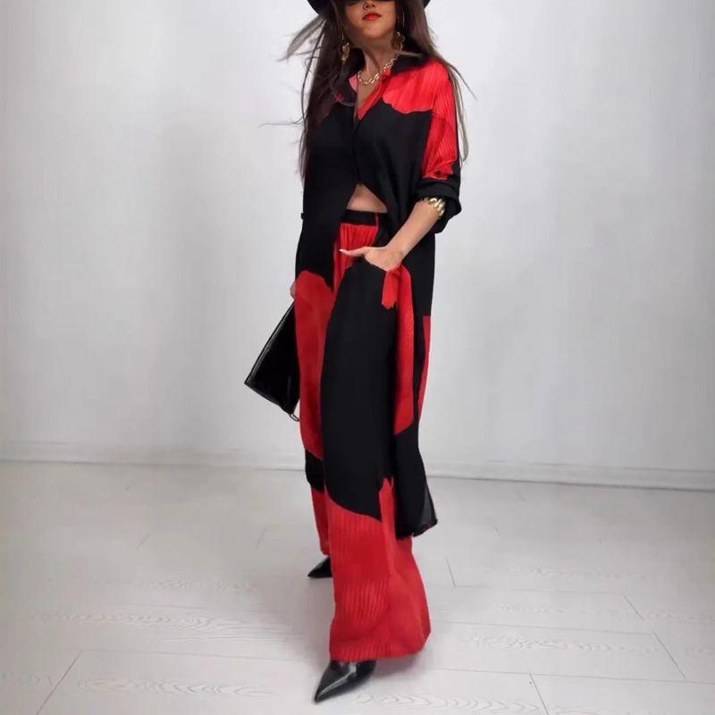 2025 European and American Print Women Cardigan Print Top and Pants Commuter Leisure Set