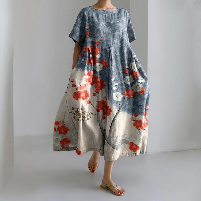 Damen Sommer Übergröße Gestreiftes Print Maxikleid, Lässiges Lockeres Rundhals Kurzarm Oversized A-Linien-Kleid