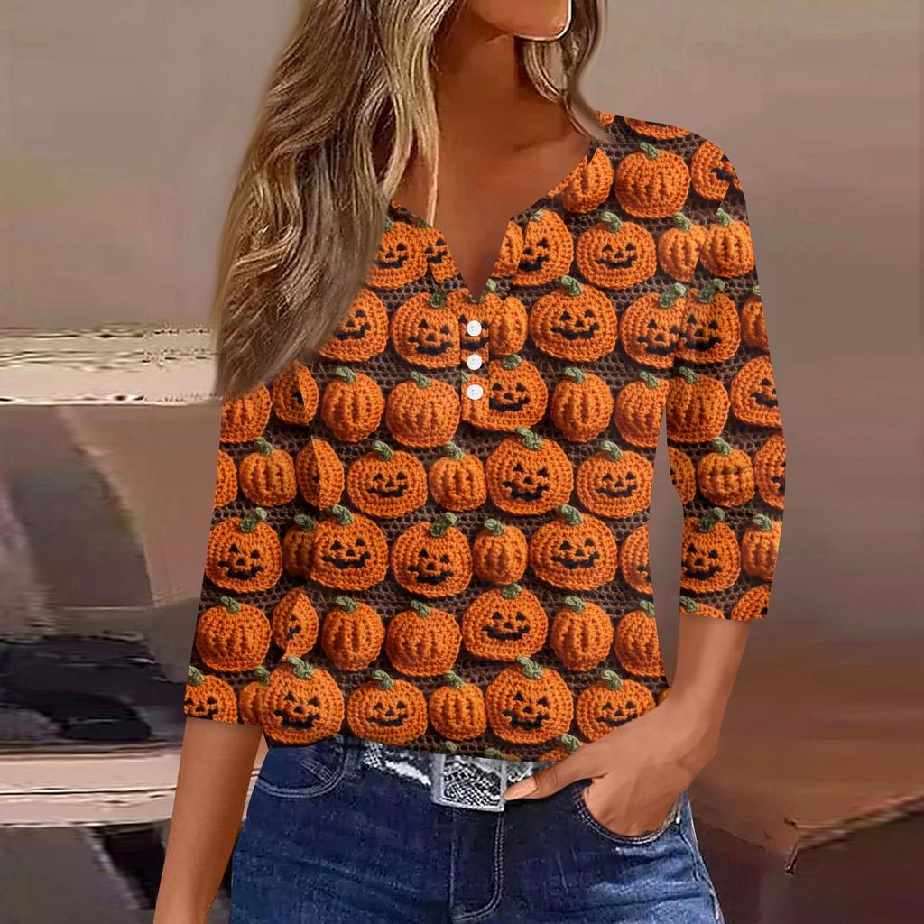 Damen T-Shirt mit Aufdruck, Knopfleiste, 3/4-Ärmel, modisch für den Alltag und das Wochenende, Basic, V-Ausschnitt, normales Oberteil