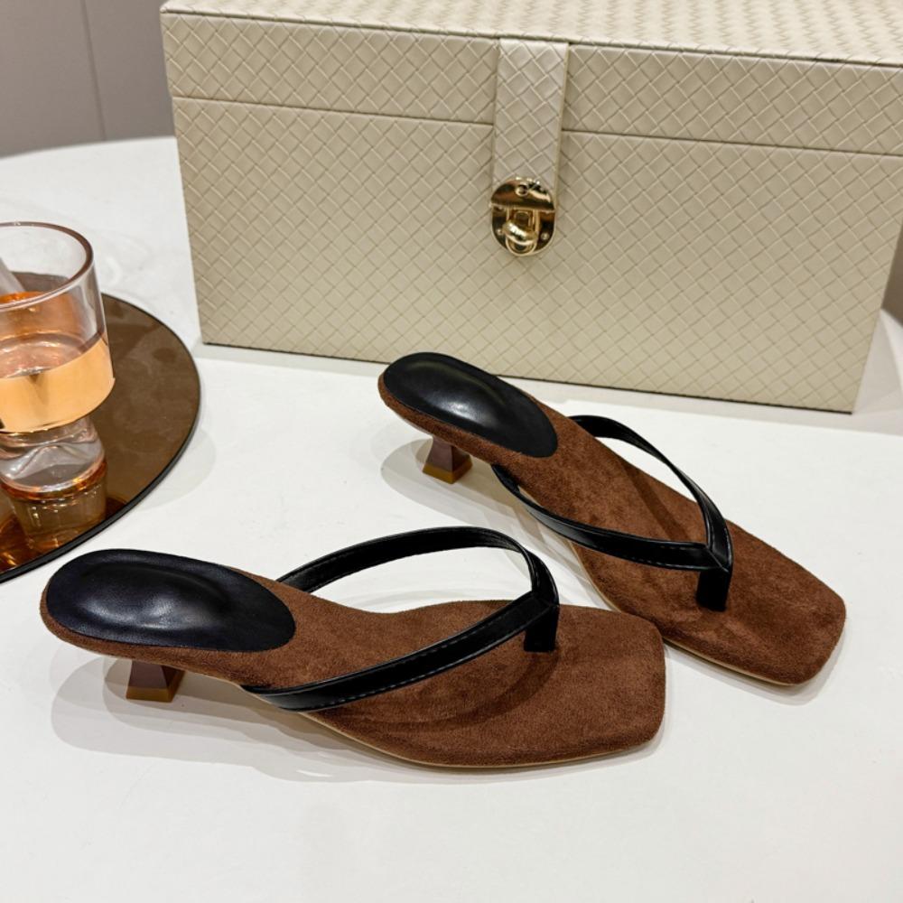 Summer New Soft Leather Square Toe Cat with Flip-flops Women Fashion Thin Belt Thin Heel Soft Sole Flip-flops