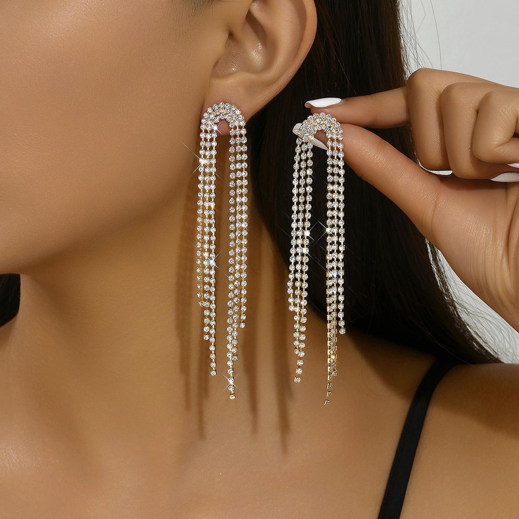 European and American Diamond-encrusted Metal Long Fringed Earrings Women's High-end Studs, Niche Temperament Earrings