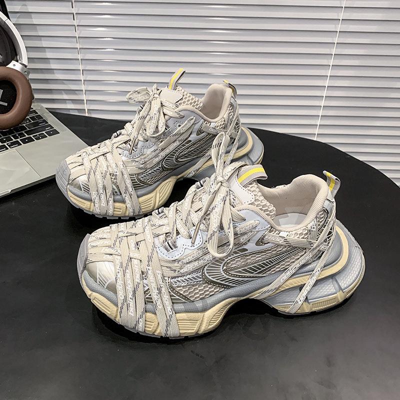 French Spider Woven Strap Letter Dad Shoes Girl 2025 Autumn New Models Old Thick-soled Mesh Breathable Sneakers