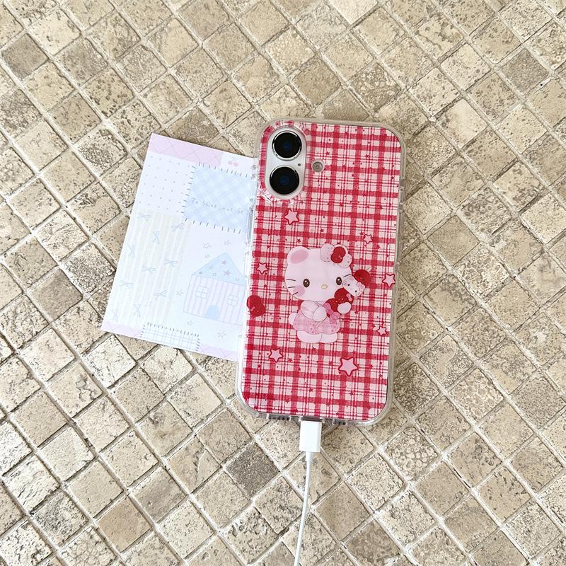 

Red Plaid Rock Candy Cat iPhone Case for 17 Pro Max/16/15/14 - Girly Design Apple 15