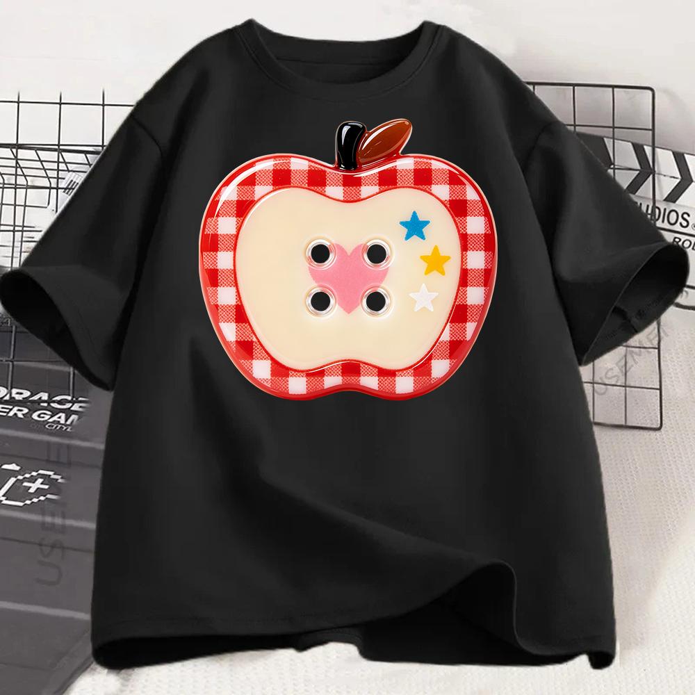 Plaid Apple Button Print Women T Shirt Cute Fruit Graphic Tee Casual Short Sleeve O Neck Loose Kawaii Summer Top Women Clothing