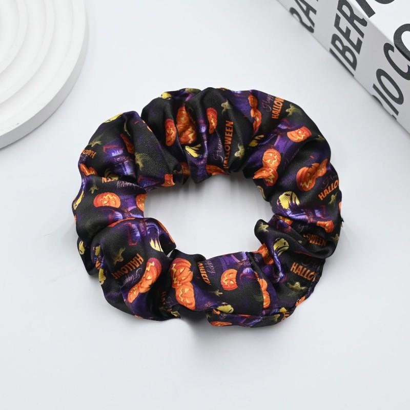 Halloween Themed Hair Tie Elastic Scrunchie Women Purple Beige Ghost Pumpkin Moon Design