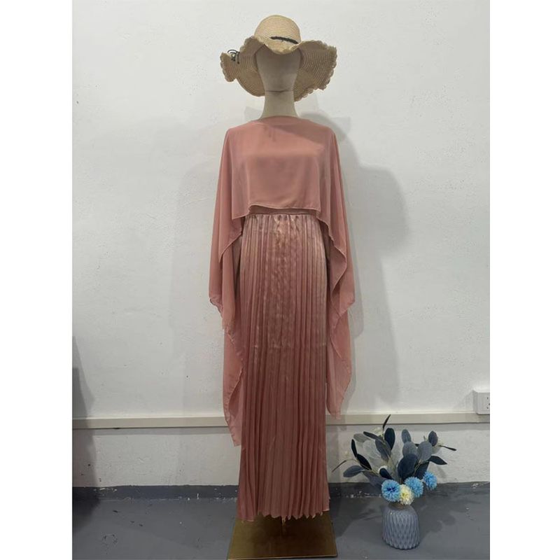 Cross-Border 2025 Autumn Pink Pleat Temperament Waist Hugging Long sleeve Pleated Big Hemline Dress Long Wrap Set Dress