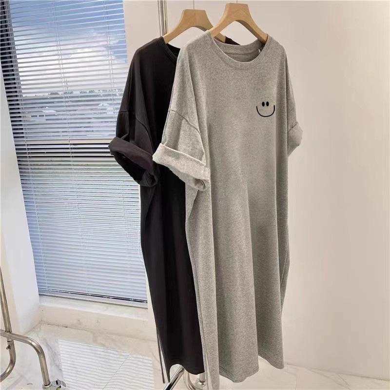 2025 Summer Women's Casual Plus Size Tummy-Hiding Over-the-Knee Short Sleeve T-Shirt Dress