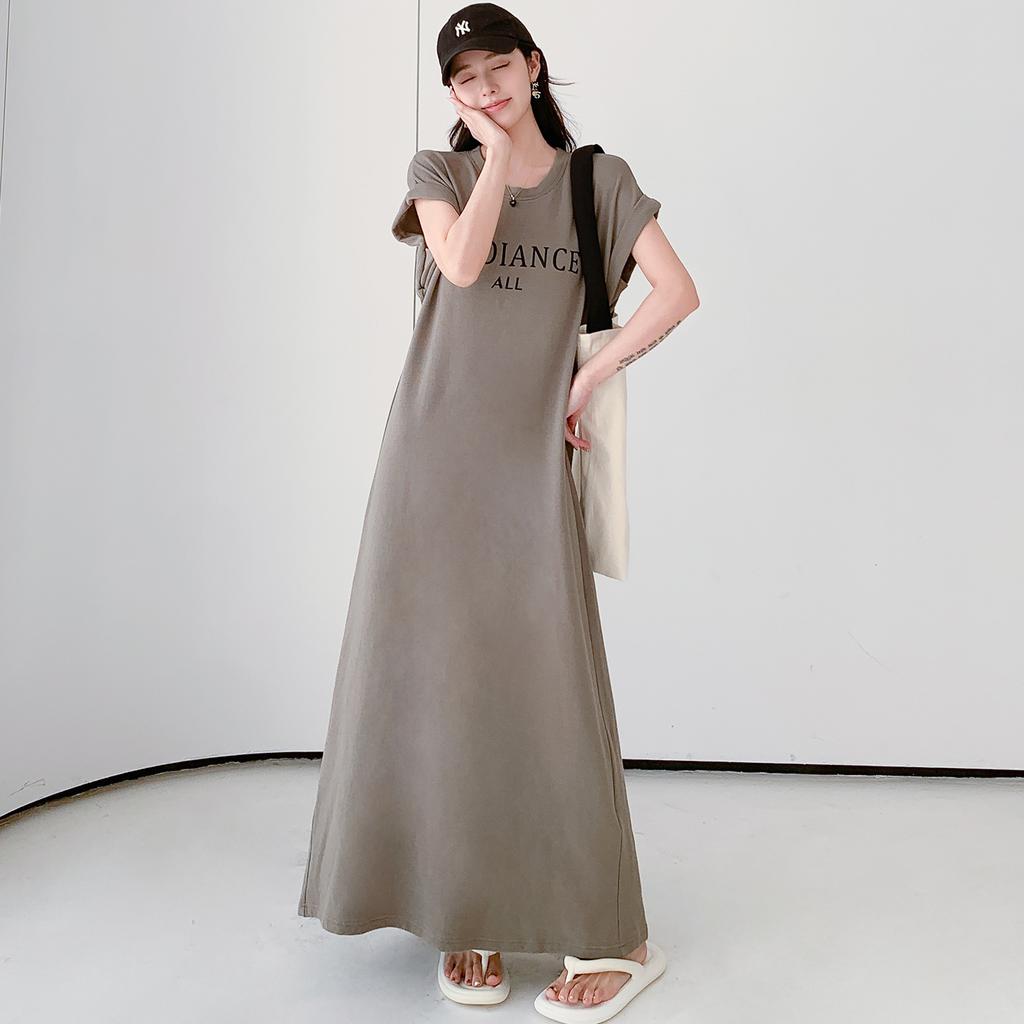 MODIQUE Summer Plus Size Women Loose Versatile Minimalist A-Line Letters Print T-Shirt Long Dress Female Casual Solid Color Short Sleeve O-Neck Dress