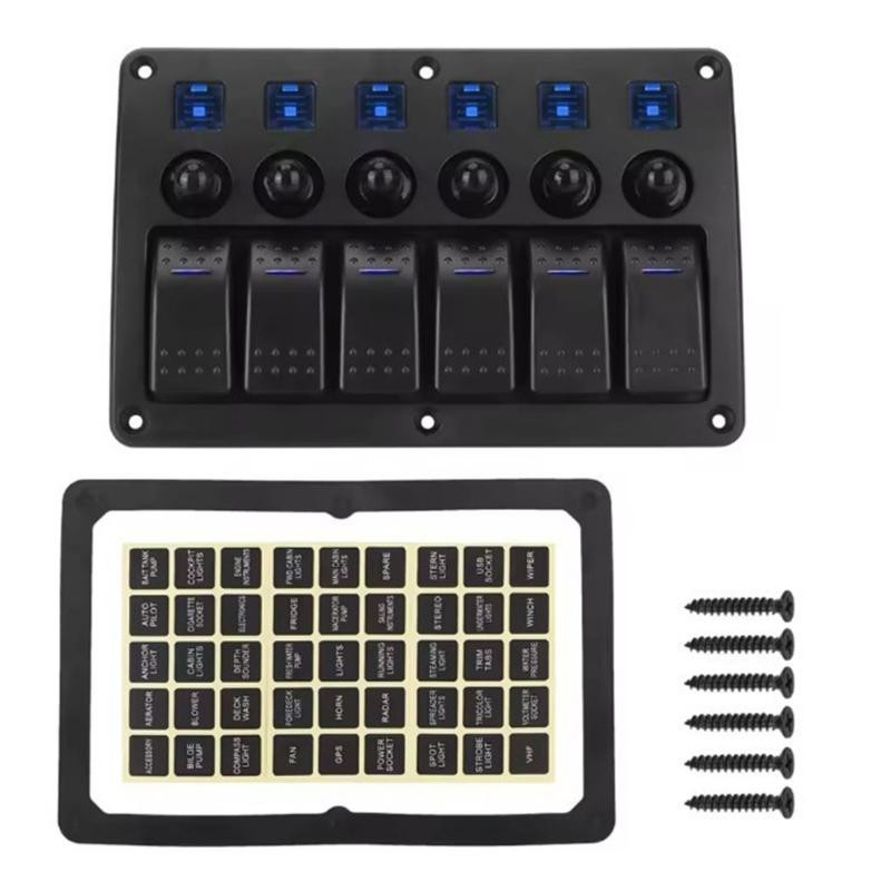 Toggle Switches with Indicator Light & Sticker On Off Switches Panel for Car 6 Gang Rocker Switches Panel Waterproof