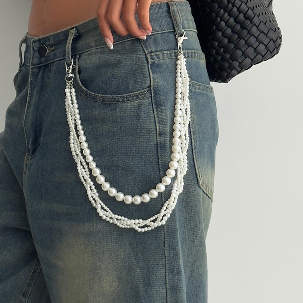 Простая Стиль Имитация Жемчуга Джинсовая Цепь Подвеска, Персонализированная Панк Геометрическая Бисерная Цепь Цепь на Талию