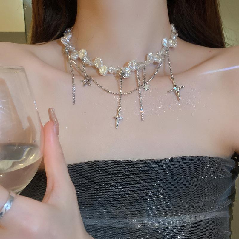 Cold metal wind, pentagram, diamond-encrusted pearl necklace, personalized stacking, high-grade collarbone chain necklace