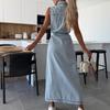 Ladies' Casual And Fashionable Sleeveless Waist Cinched Single Breasted Denim Dress
