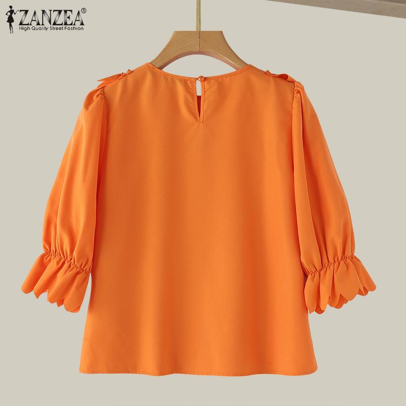 ZANZEA Women Summer Fashion Round Neck Wave Edge Lantern Short Sleeve Blouses