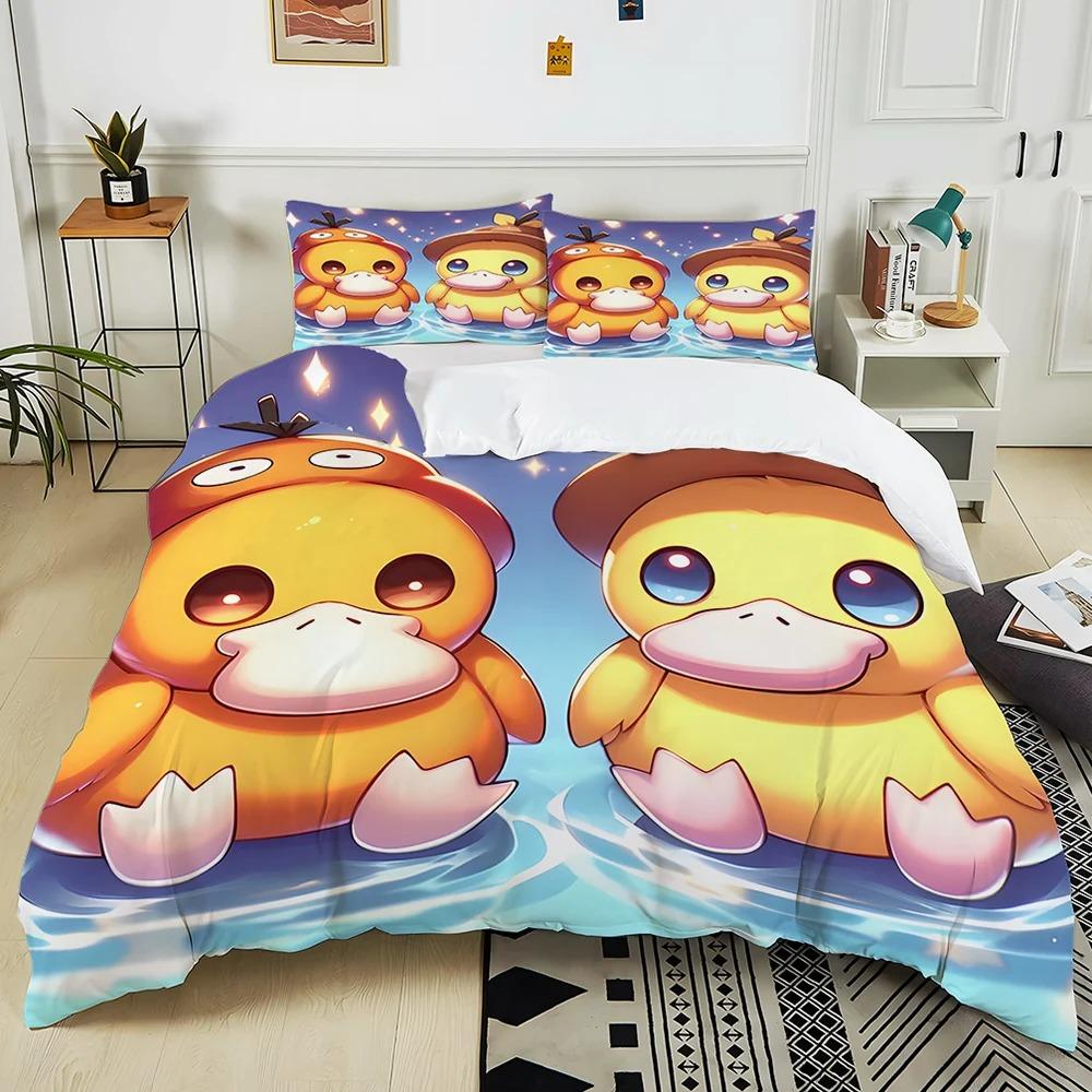 Ensemble de literie imprimé 3D Psyduck Dessin Animé Housse de couette Taies d'oreiller Enfants Simple Double Grande Taille